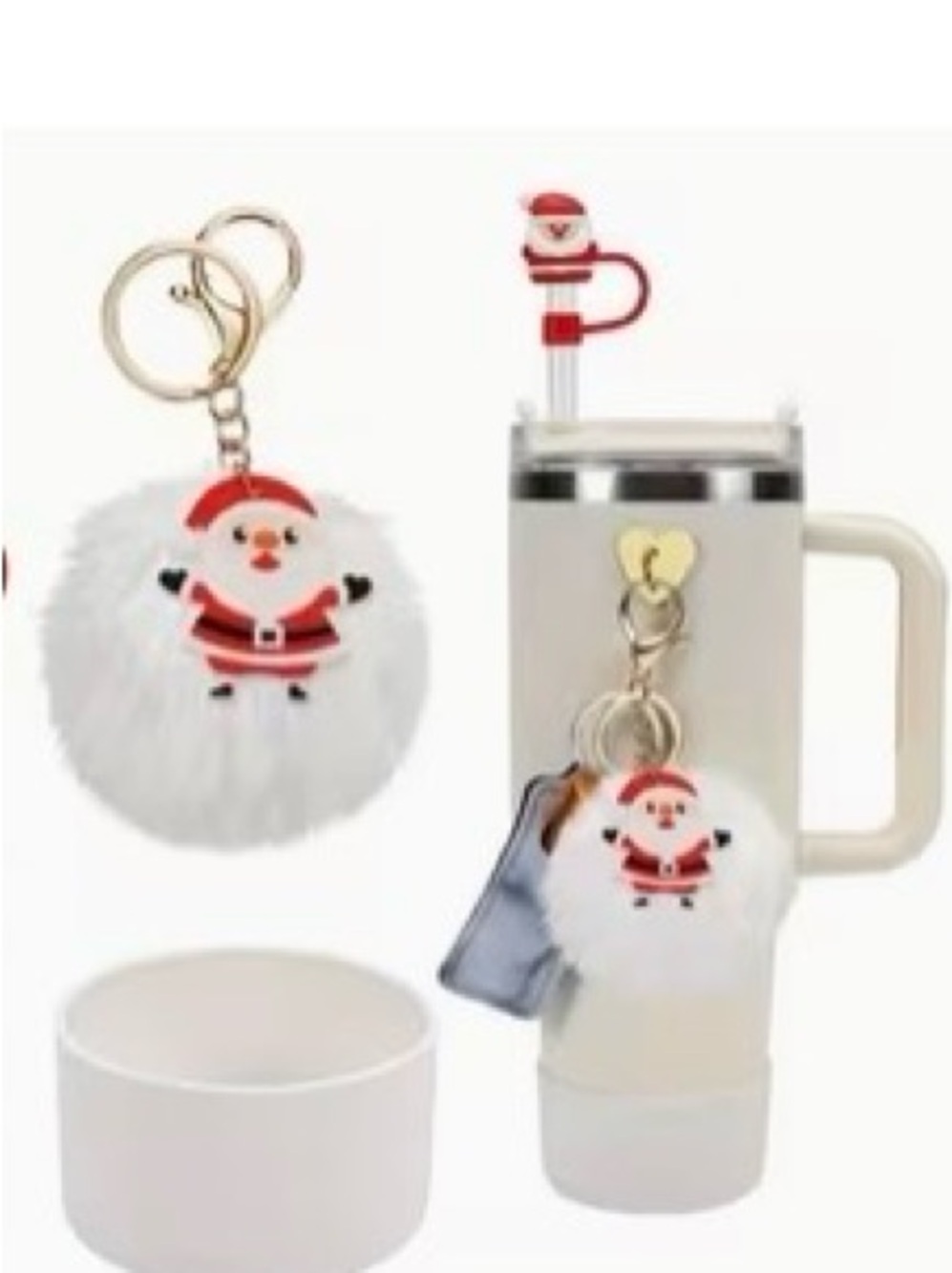 Festive White Santa Pom Keychain Charm for Bags and Tumblers
